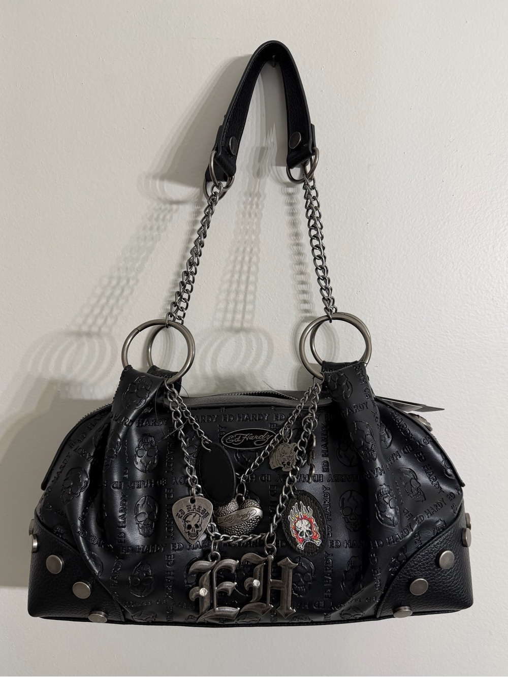 Ed Hardy Black Skull & Logo Embossed Satchel Bag